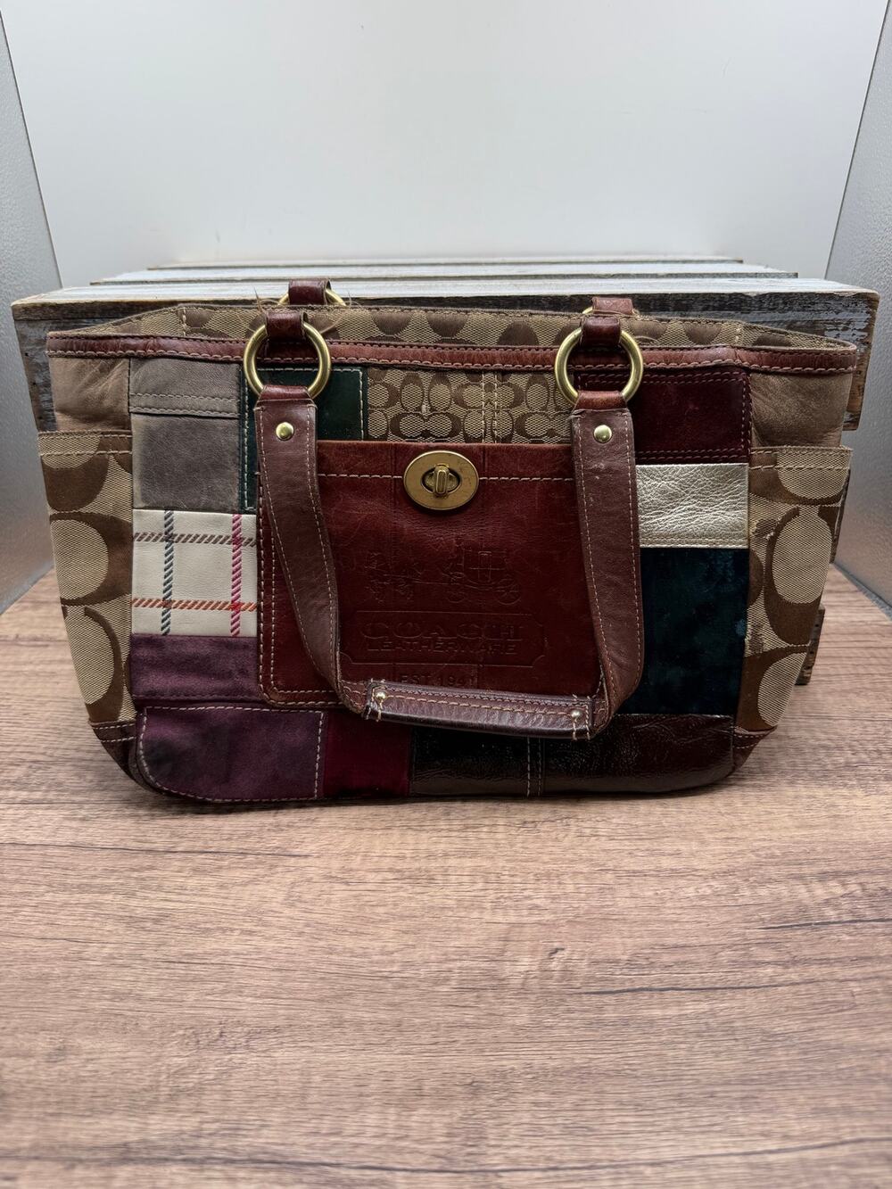 Coach Holiday Patchwork Gallery Tote/ Handbag -Leather Suede Plaid Brass #11358⁠